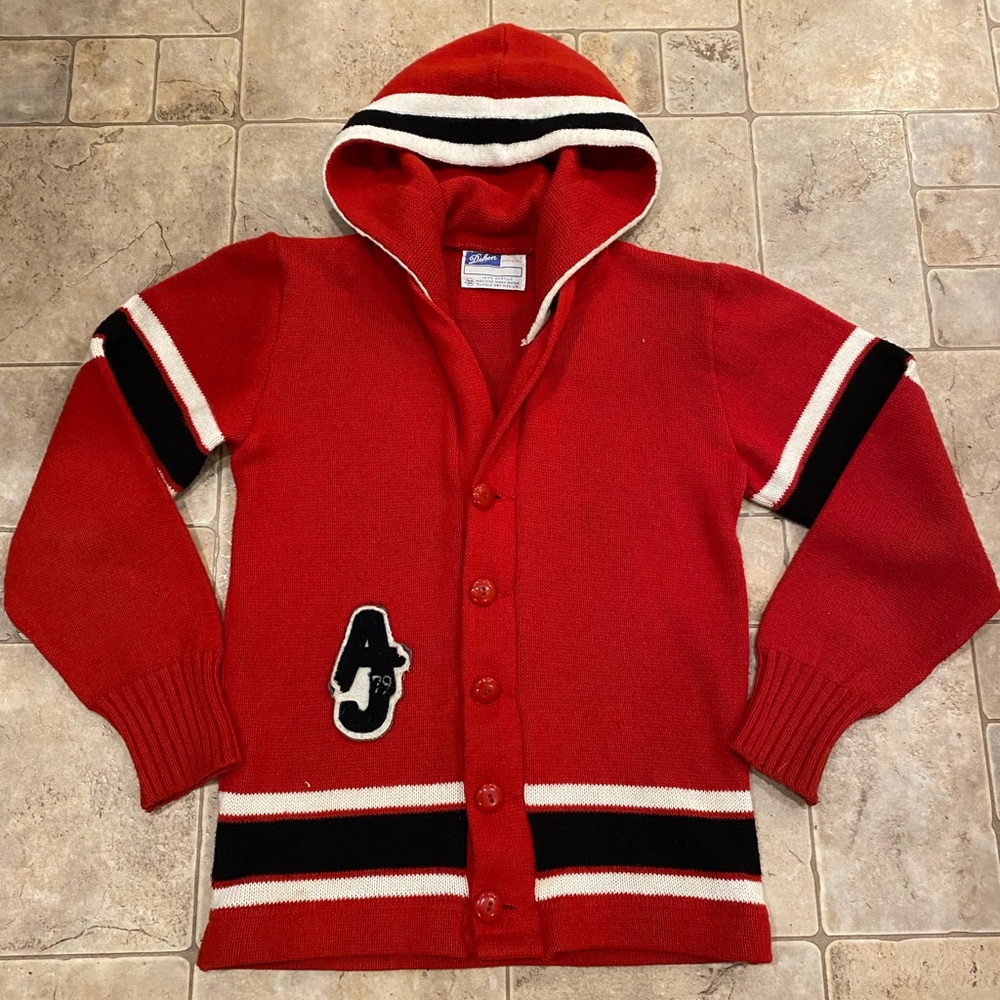 Vintage 70’s Dehen Hooded School Cardigan Sweater “AJ” 1979 Acrylic Sz Small